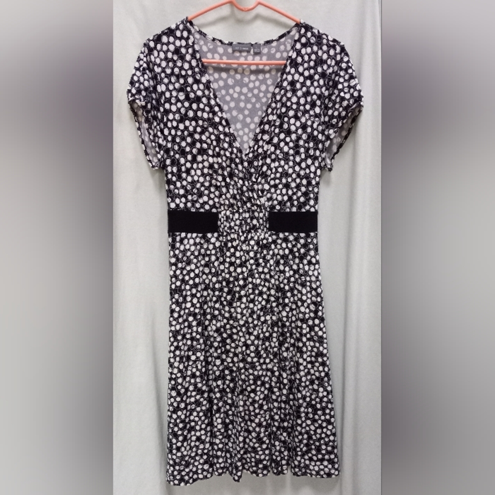 APT 9 black & white polka dot surplice professional work dress size LG (T-249)
